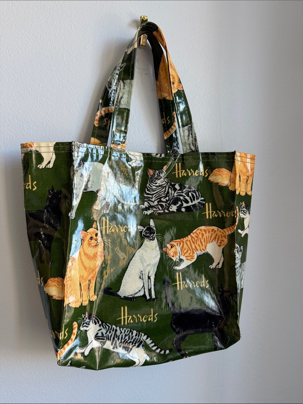 Vintage Harrods Green Cat Print Vinyl Tote